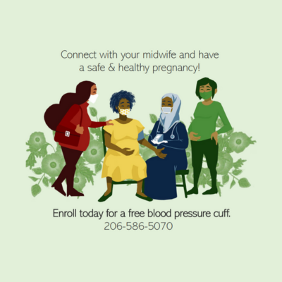 Poster encouraging pregnant people to call a number to receive a free blood pressure cuff. 