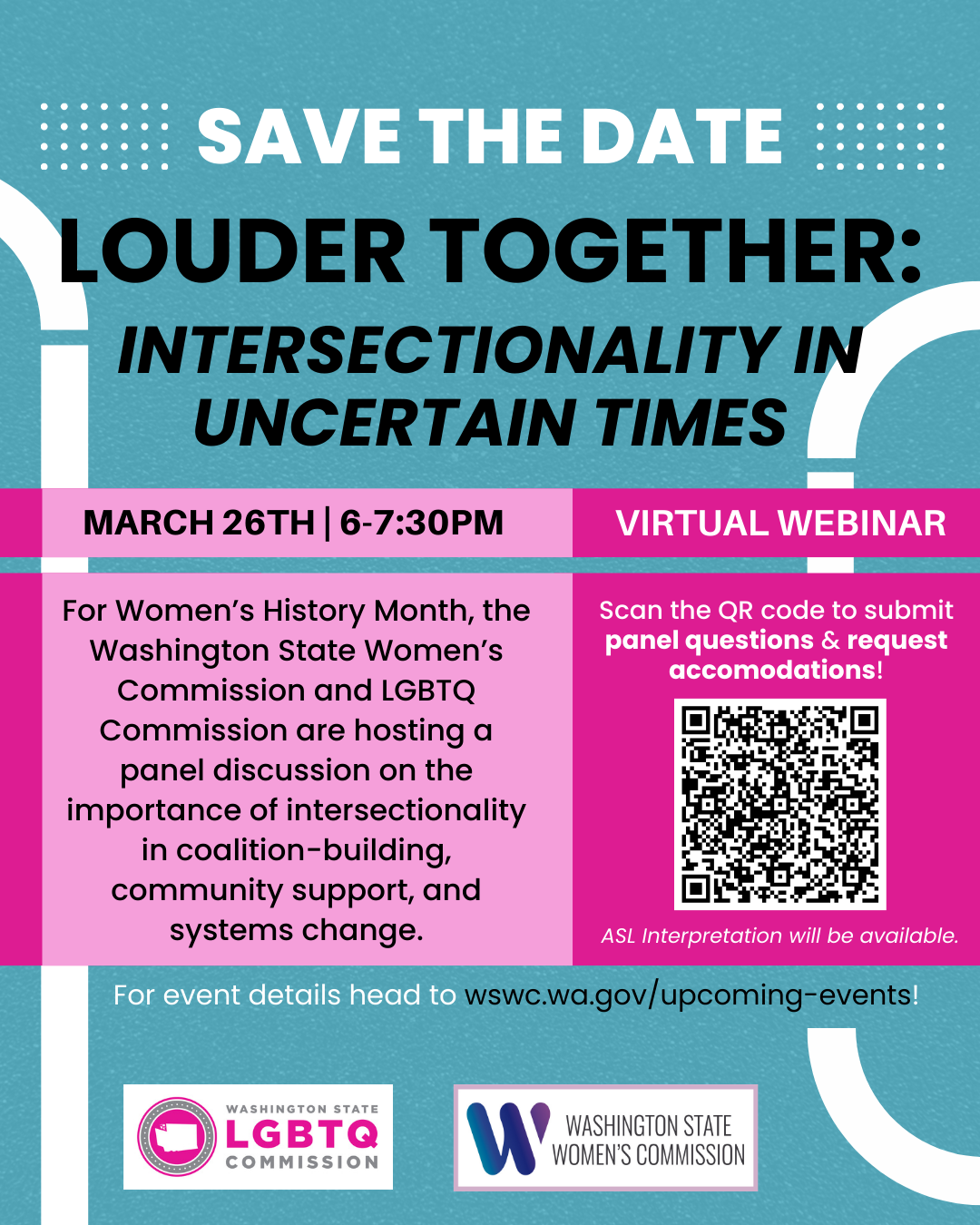 Flyer featuring event title and details also available on this page. Logos of the LGBTQ Commission and Women's Commission at the bottom. 