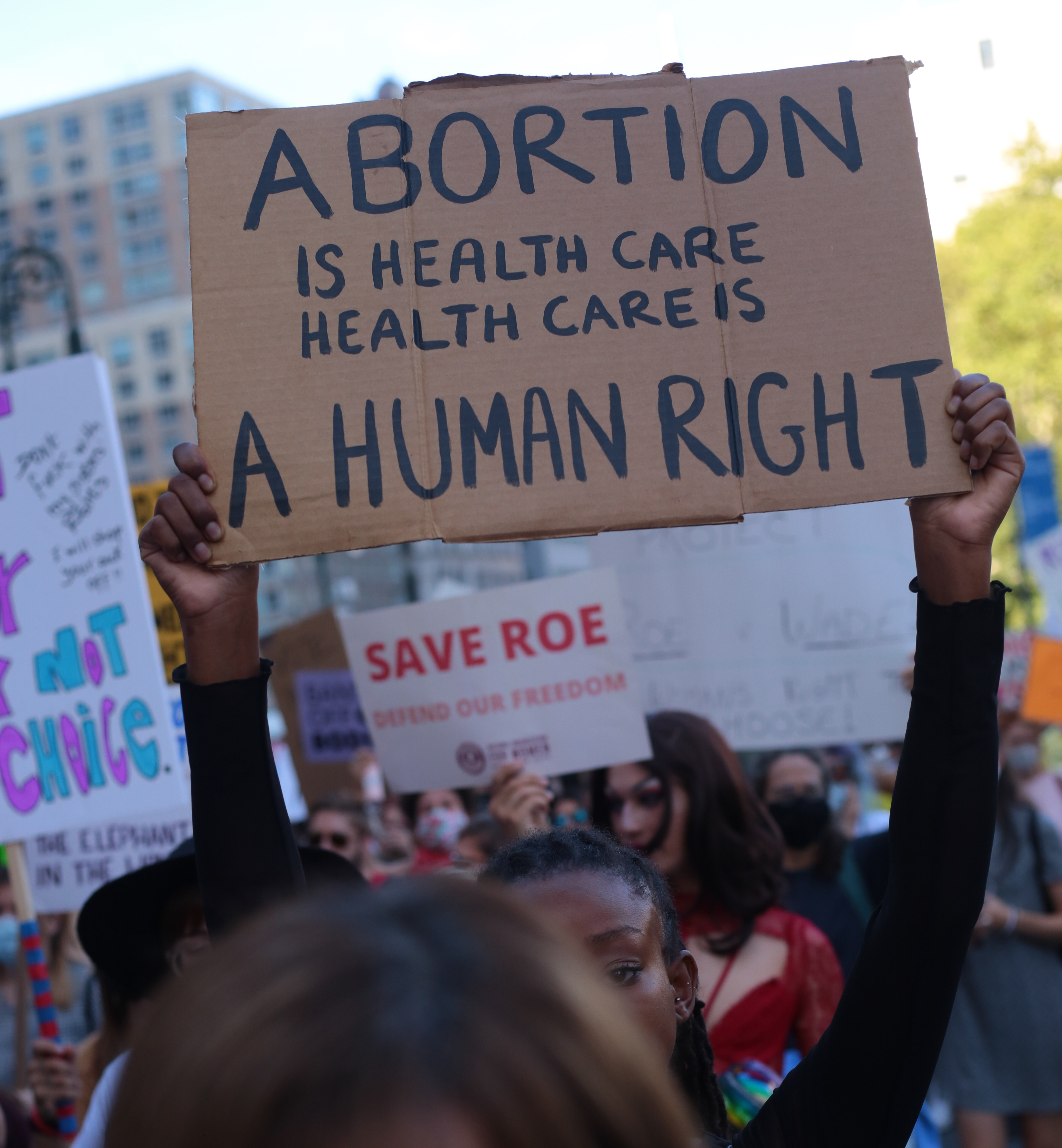 Woman holds sign that reads, "Abortion care is healthcare. Healthcare is a human right."