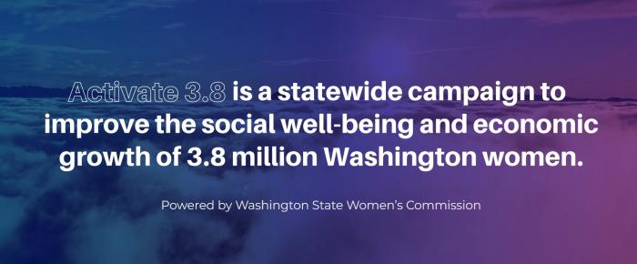 Sreengrab of home page of Activate 3.8 website that states "Activate 3.8 is a statewide campaign to improve the social well-being and economic growth of 3.8 million Washington women. 