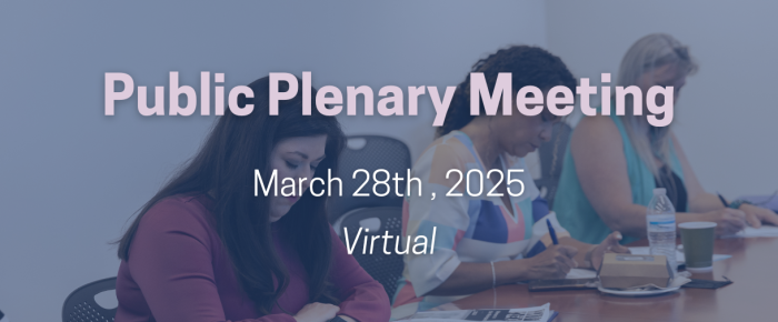 Spring Plenary Meeting slide, March 28, 2025, Virtual - photo of commissioners in the background.