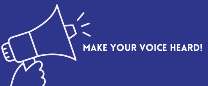 Text that reads "Make Your Voice Heard" and a graphic image of a megaphone